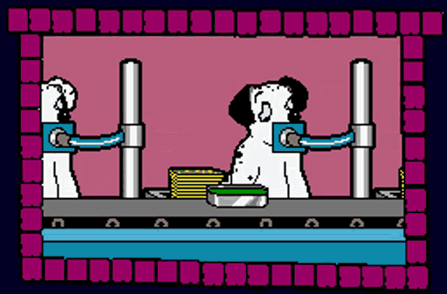 a cartoon of two dalmatian dogs working in a factory