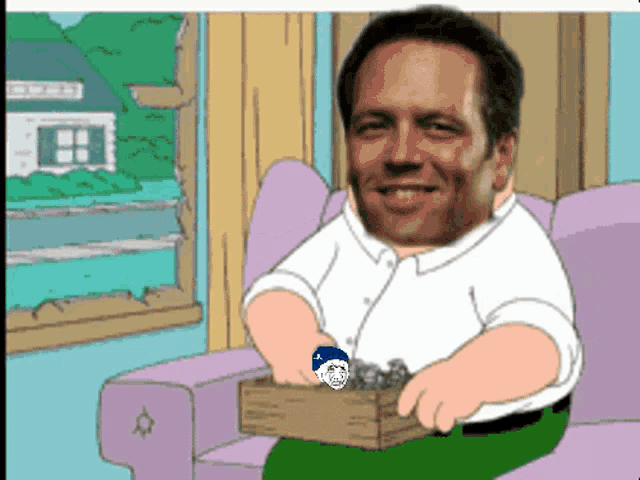 a cartoon of a man sitting on a couch holding a box with a smiley face on it