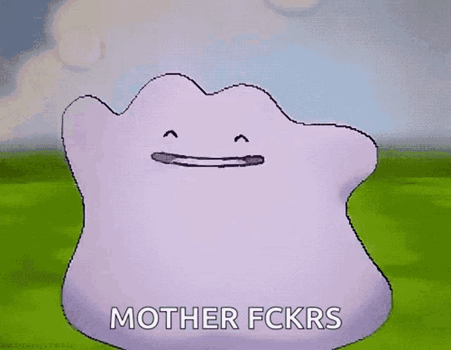 a purple monster with a smile on its face is standing in a grassy field .