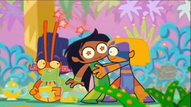 a couple of cartoon characters standing next to each other with a pink background