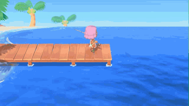 a girl with pink hair is fishing on a dock