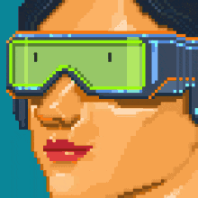 a pixel art illustration of a woman wearing a pair of goggles