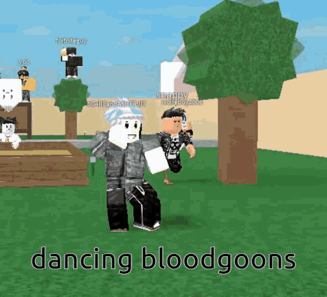 a group of roblox characters are dancing in a park