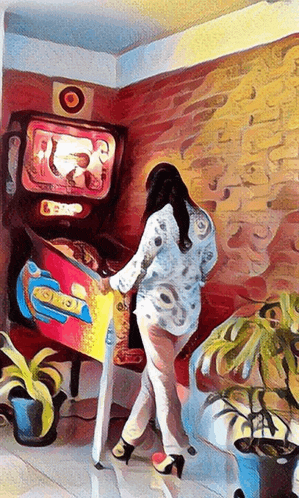 a painting of a woman playing a pinball machine that says lsd