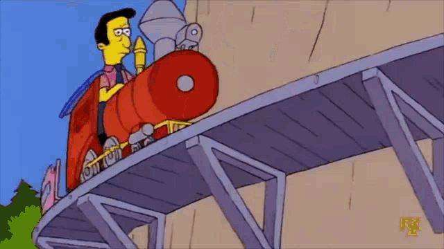 a cartoon character is riding a roller coaster with a man standing next to him .