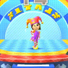 a cartoon character in a jester costume is dancing on a stage