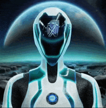 a futuristic robot with the letter m on it 's helmet