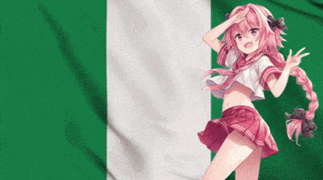a girl with pink hair is standing in front of a flag