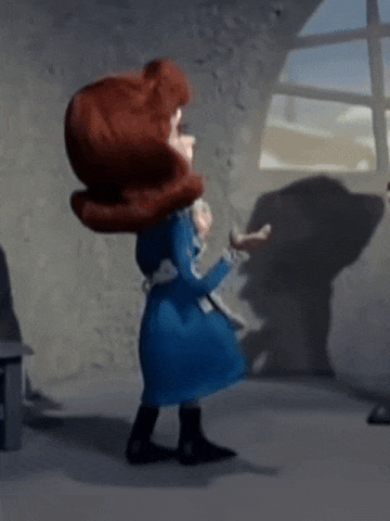 a cartoon character with red hair and a blue dress