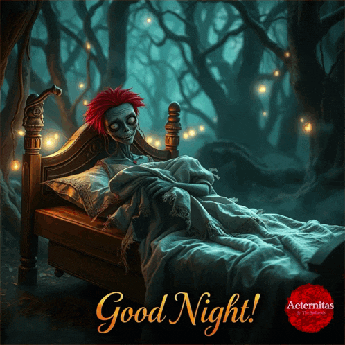 a cartoon illustration of a skeleton in a bed with the words good night