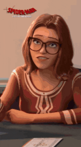 a woman wearing glasses is sitting at a desk with a spider-man movie poster behind her