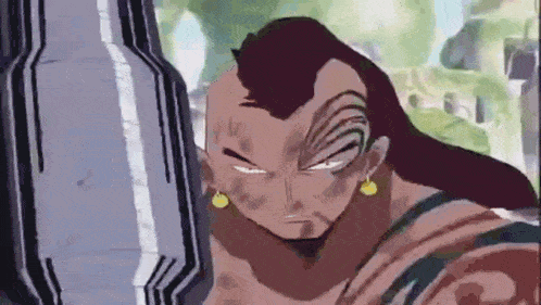 a cartoon character with long hair and earrings is standing next to a sword .