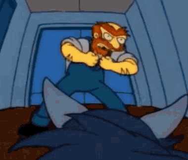 a cartoon of a man with a beard standing next to a shark