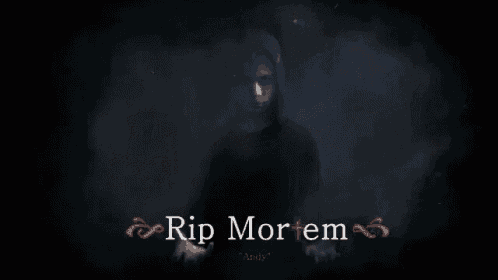 a blurred image of a man with the words rip mortem written in red