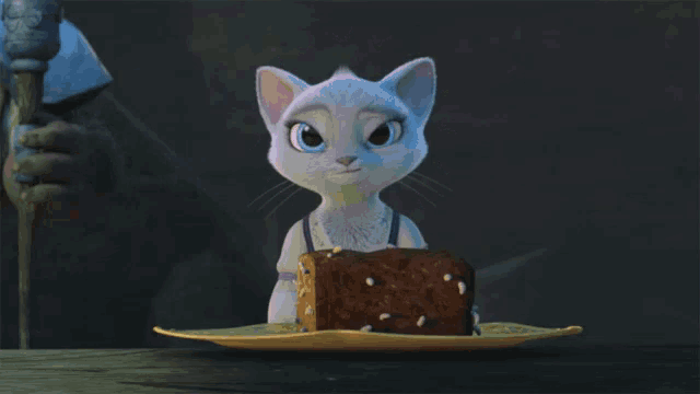 a cartoon cat is eating a piece of cake with pink hearts coming out of it