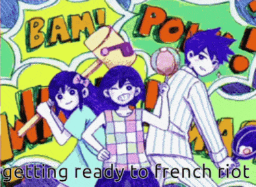 a group of anime characters standing next to each other with the words " getting ready to french riot " written below them