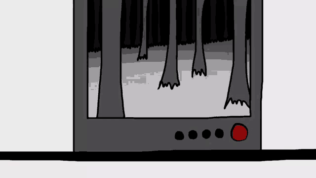 a cartoon drawing of a forest with a red button in the middle