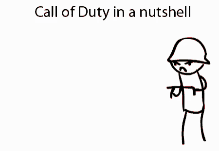 a cartoon of a man shooting another man with a gun and the words `` call of duty in a nutshell '' .
