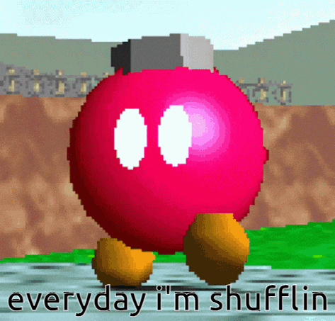 a pixel art of a red ball with white eyes and the words everyday i 'm shufflin