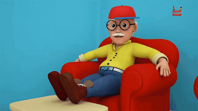 a cartoon character is sitting in a red chair with his feet on a table and the words animate squad on the wall behind him