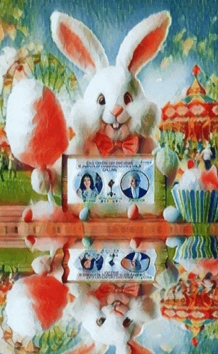 a painting of an easter bunny with a picture of a man and woman