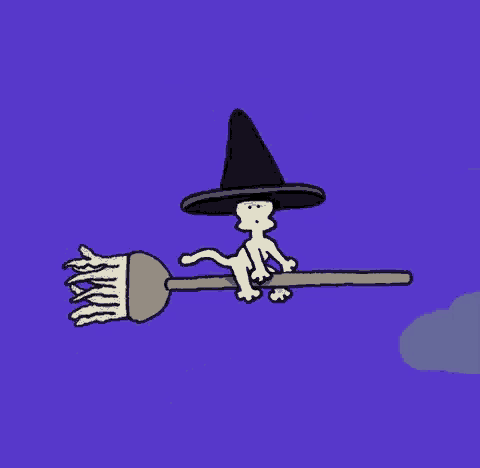 a cartoon of a skeleton wearing a witch hat is flying on a broom