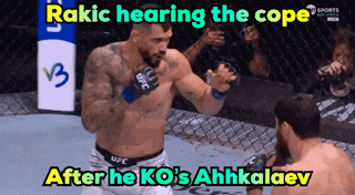 a man in a ufc boxing ring with the caption rakic hearing the cope after he ko 's ahkalaev