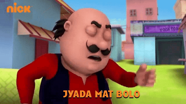 a cartoon character says jyada mat bolo in front of a store