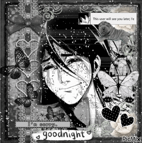 a black and white photo of a man with butterflies and the words goodnight