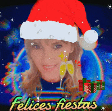 a woman wearing a santa hat with the words felices fiestas written below her