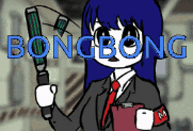 a girl in a suit and tie is holding a hammer and the word bongbong behind her