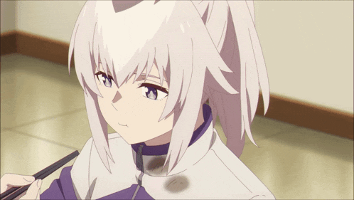 a girl with white hair and a ponytail is being brushed