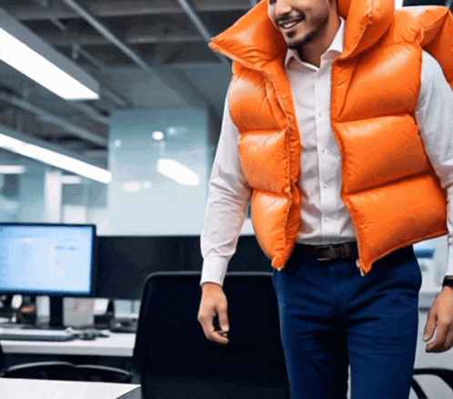 a man wearing an orange vest stands in front of a computer