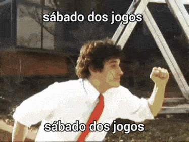a man in a white shirt and red tie is running with the words sabado dos jogos written above him