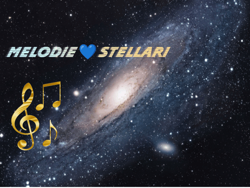 a picture of a galaxy with melodie stellari written on the bottom