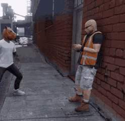a man wearing a horse mask stands next to a man wearing a safety vest