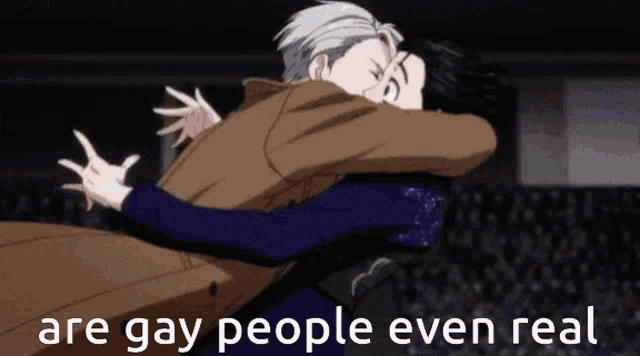 a couple of people hugging each other with the words are gay people even real