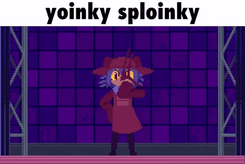 a pixel art of a girl with yellow eyes and the words yoinky sploinky