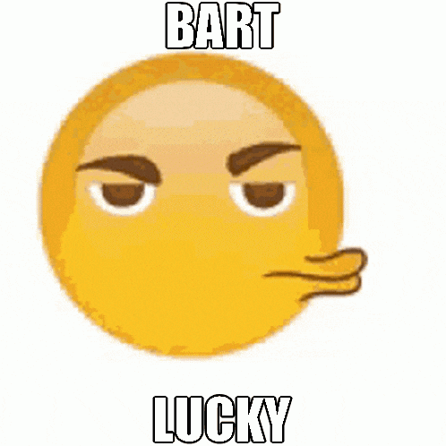 a yellow smiley face with a heart in its mouth and the words `` bart lucky '' on it .