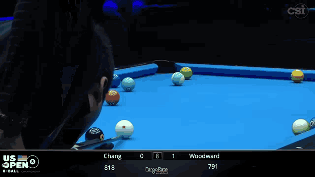 a pool game is being played between chang and woodward and the score is 0 to 1