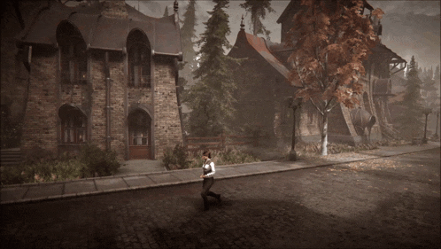 a person is running down a cobblestone street in front of a large brick building