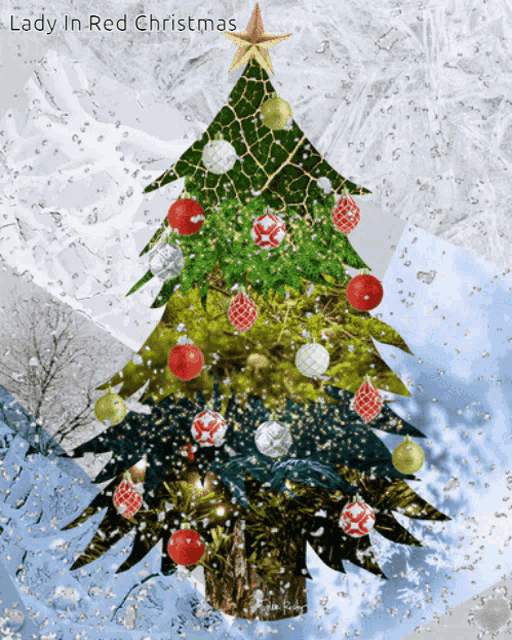a picture of a christmas tree with lady in red christmas written below it