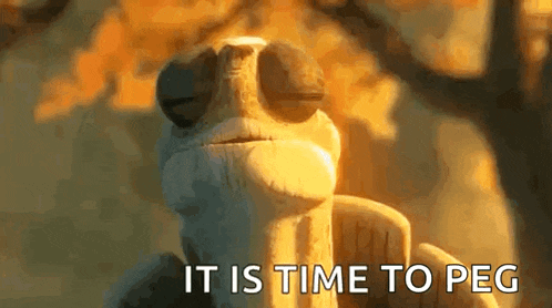 a close up of a frog 's face with the words `` it is time to peg '' written below it .