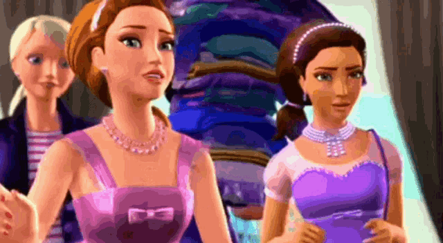 three barbie dolls are standing next to each other and one of them is wearing a purple dress