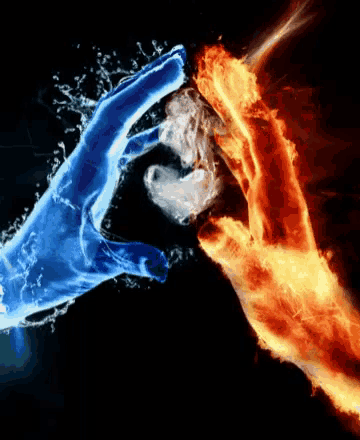 a hand made of water and a hand made of fire holding a heart