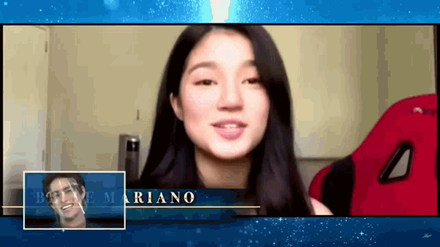 a woman is talking on a video call with mariano