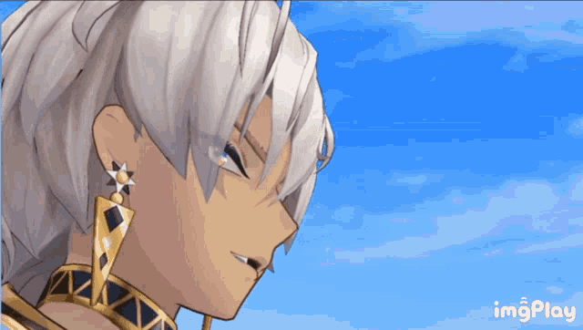 a close up of a person 's face with a blue sky in the background and the word imgplay at the bottom