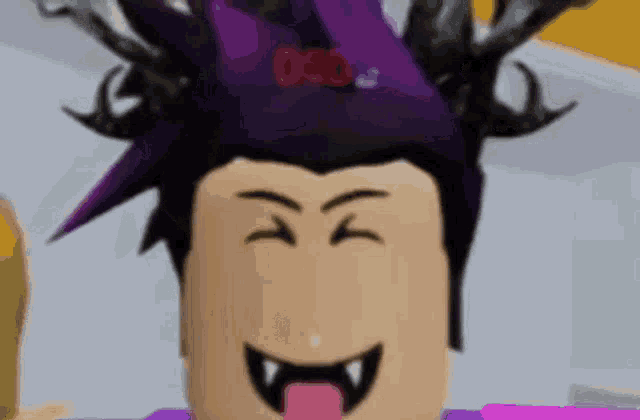 a close up of a roblox character with a purple hat and fangs sticking out his tongue .