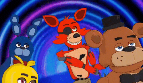 a group of five nights at freddy 's characters are standing next to each other