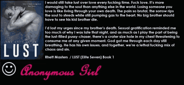a book called lust by rhett masters is being advertised by anonymous girl